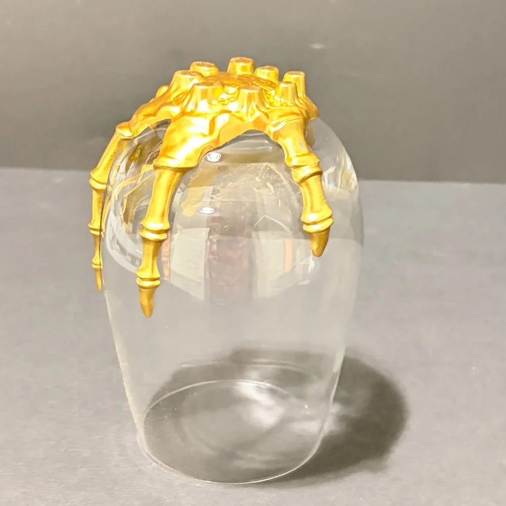 Pottery Barn Brass Skeleton Hand Stemless Wine Glass Halloween Gothic Fast Ship